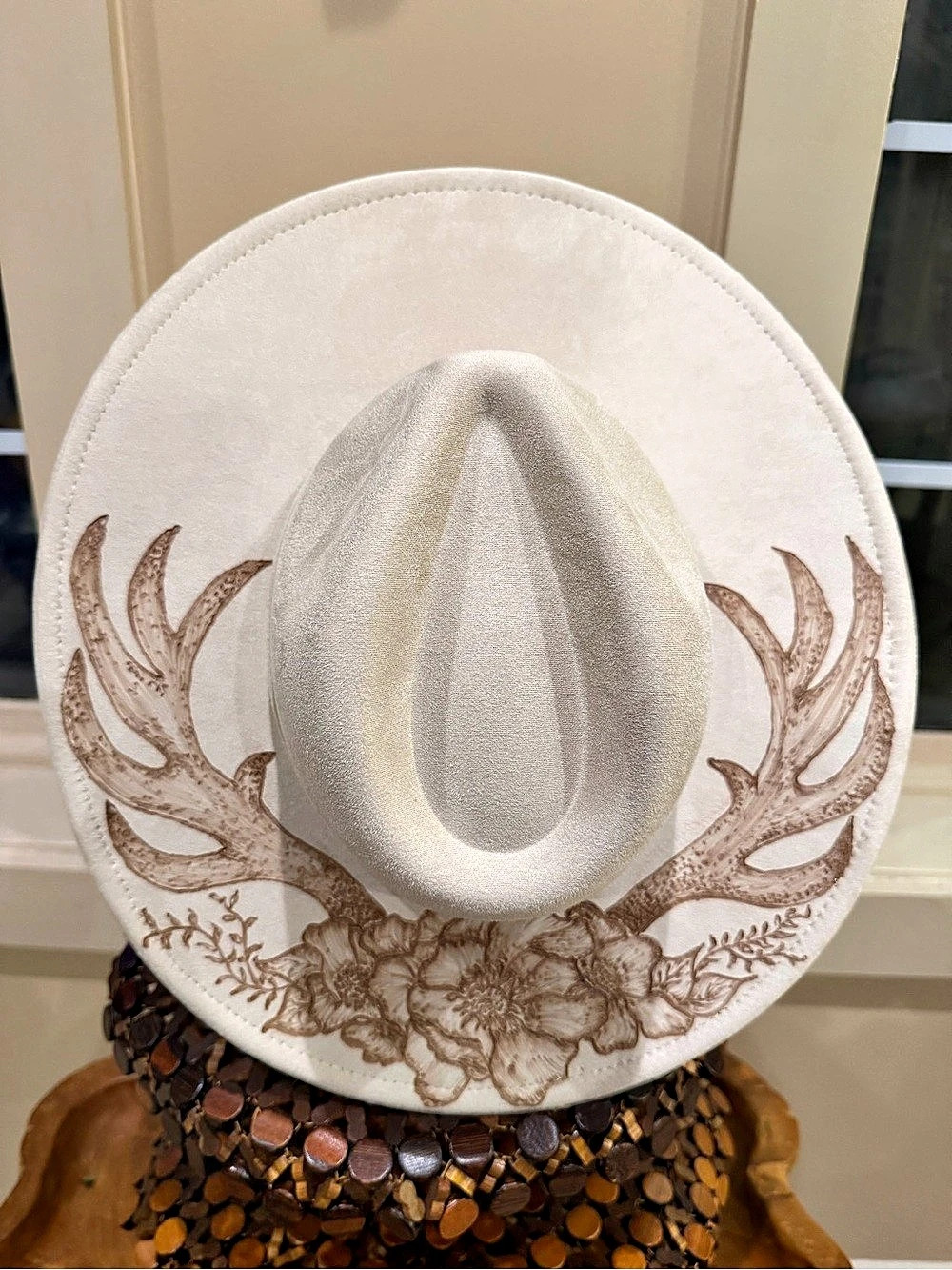 New Custom OOAK Hand burned Floral Antlers Cowgirl Wide Brim Western Hat Cream